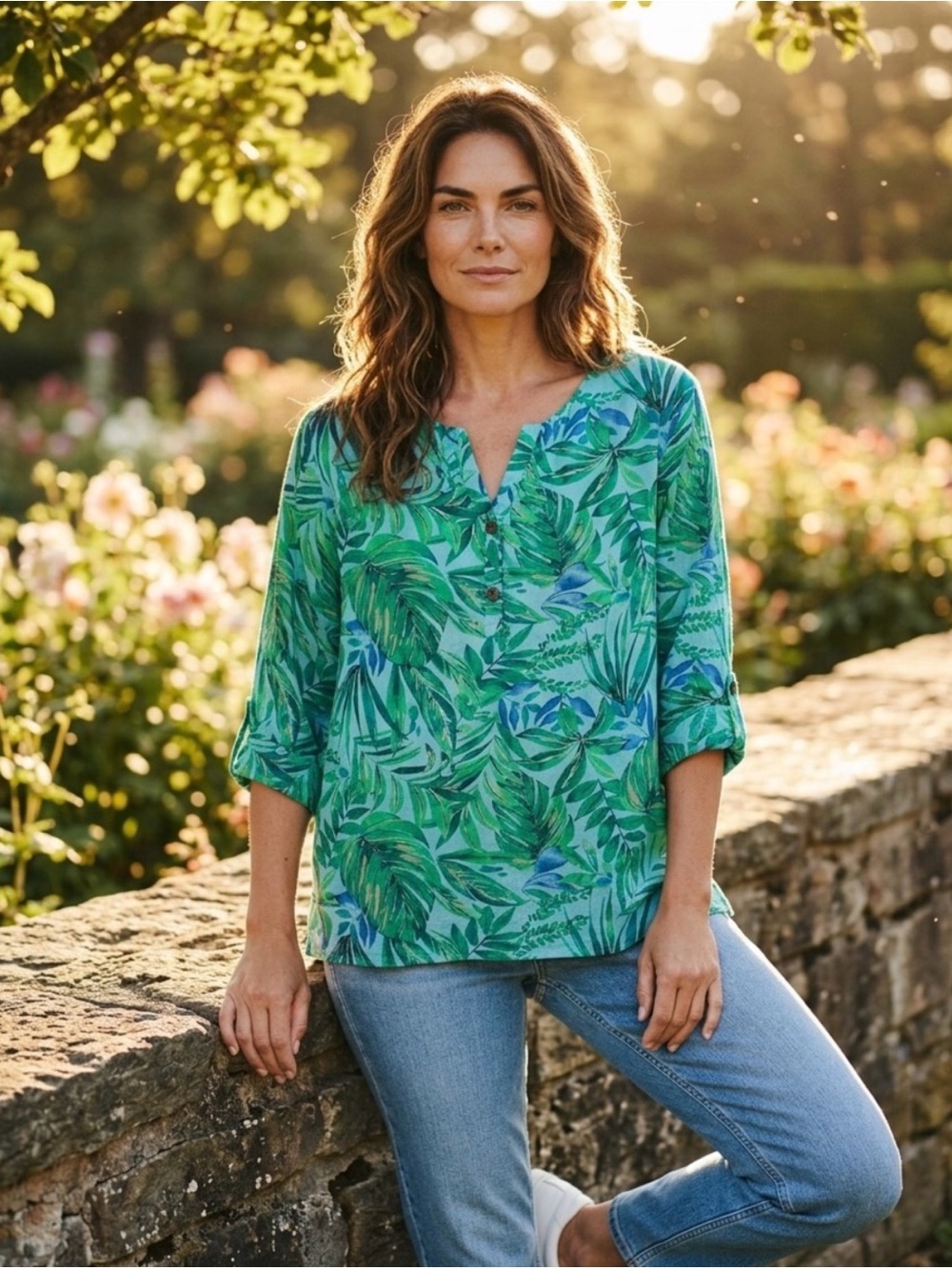 J. Jill Tropical Palm Leaf Print Blouse V-Neck 3/4 Sleeve Sz L 100% Cotton